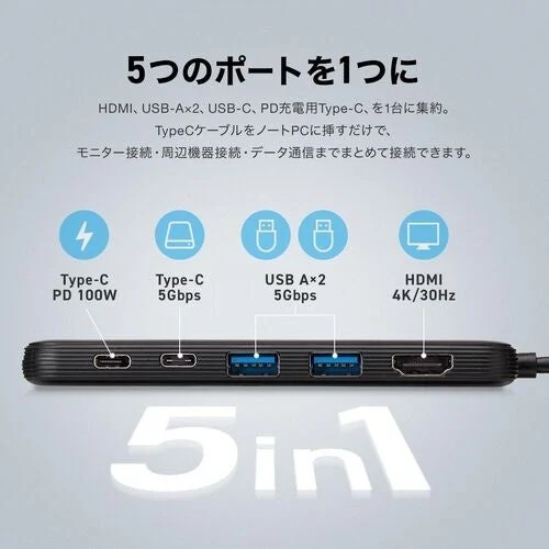 USB-Cケーブル一体型のハブ。別途必要な電源・ケーブルは使う機能によって変わります。
