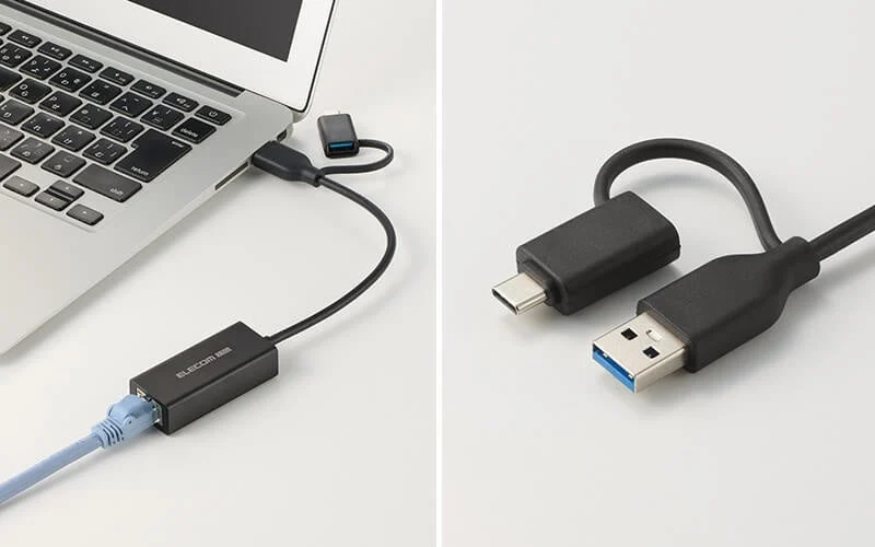 USB-Aポートへの公式接続例。使用例のPCやLANケーブルを付属品としていません。