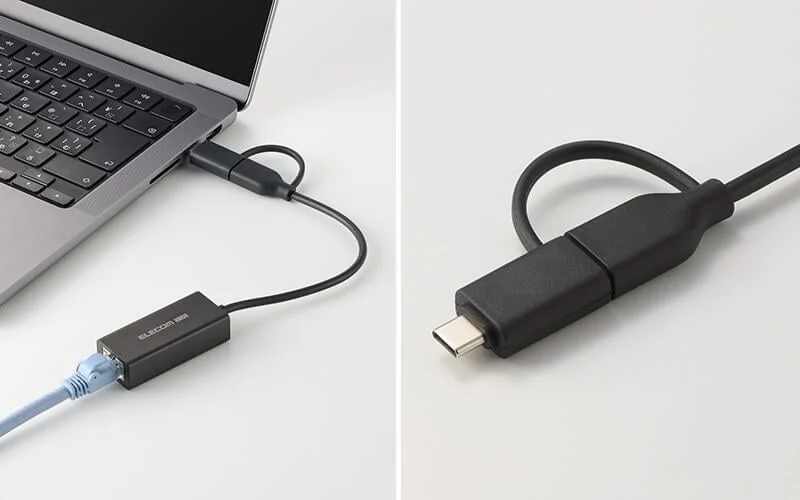 付属USB-C変換アダプターを組み合わせる公式接続例。端子形状だけで全機器の動作を保証していません。