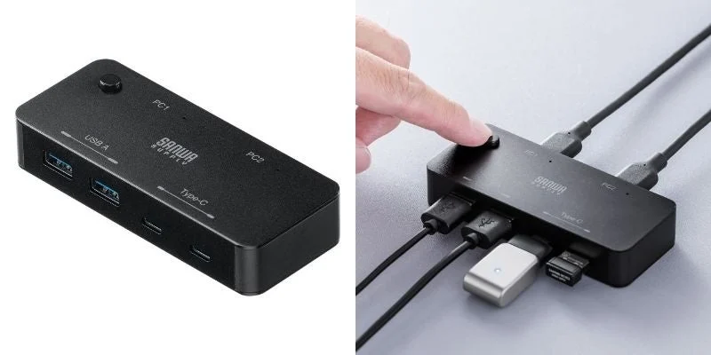 400-SW041の本体と切替操作。2台のPCでUSB機器を共有する手動切替器。