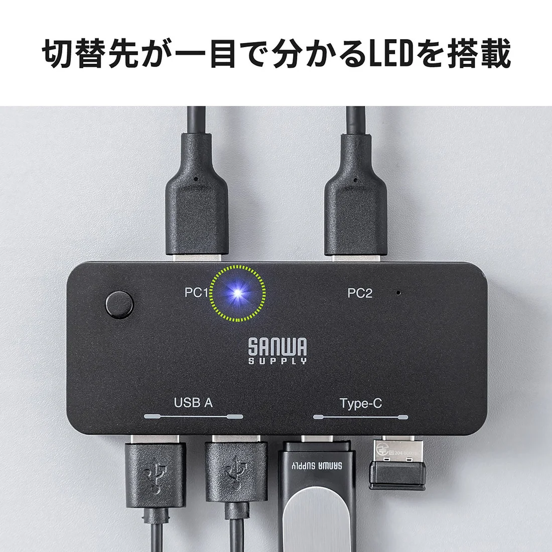 切替先のPC1／PC2を示すLEDと、周辺機器側のUSB-A・Type-Cポート。