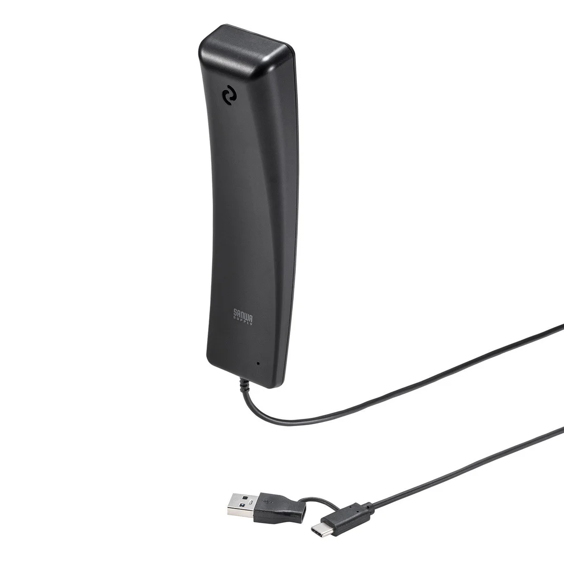 USBハンドセットMM-HSTC08BKの本体。USB-A変換アダプタ付きケーブル。